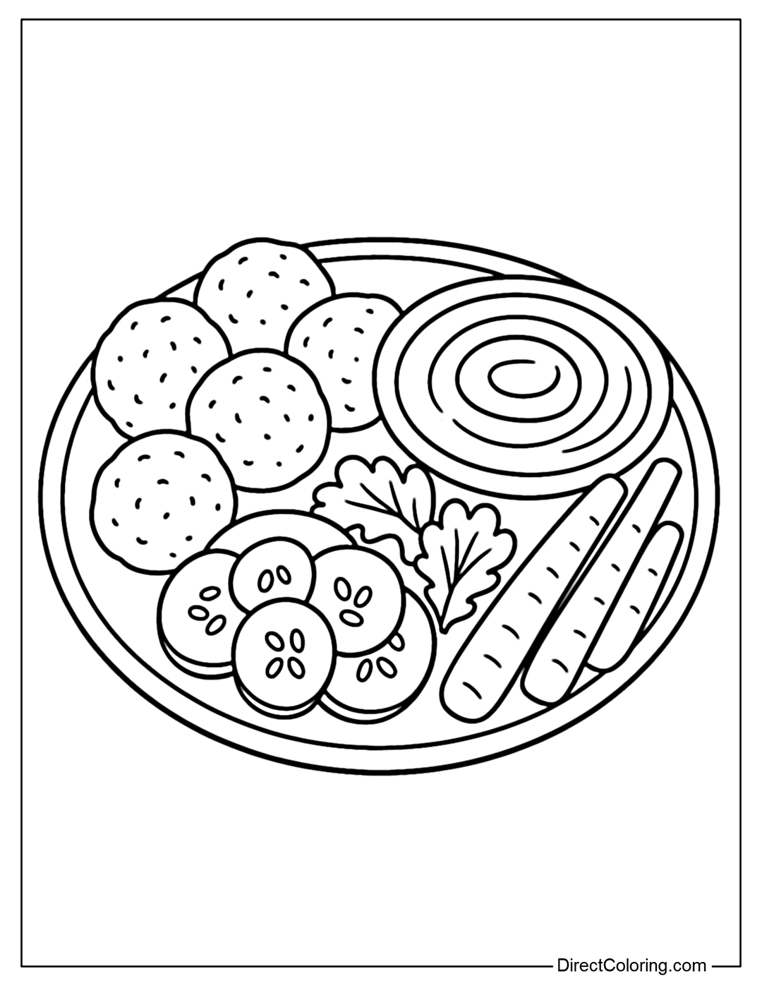 Traditional food plate coloring page with falafel, hummus and vegetables.